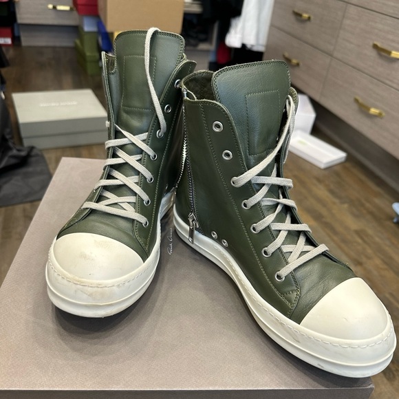 RICK OWENS Green Calfskin High Sneakers - Picture 1 of 10